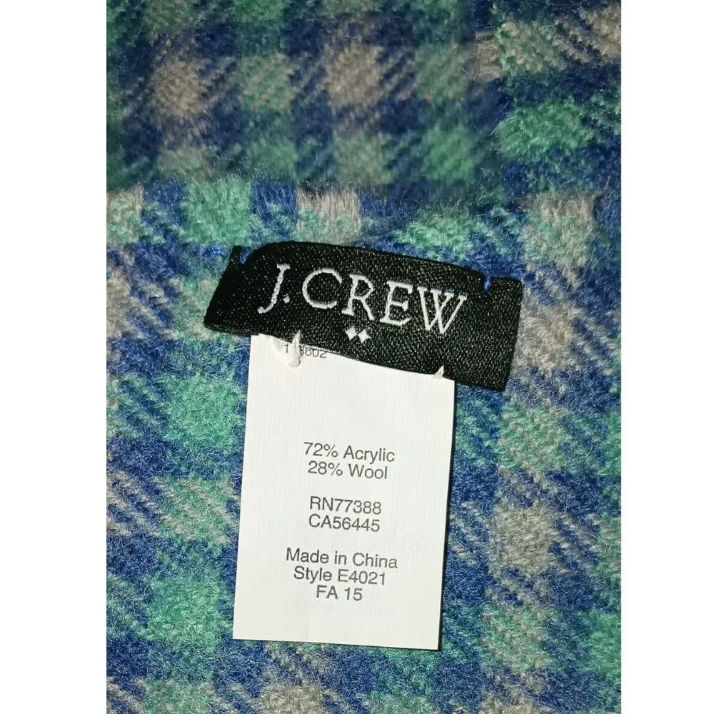 J.Crew Blue Plaid Wool Blend Fringe Scarf